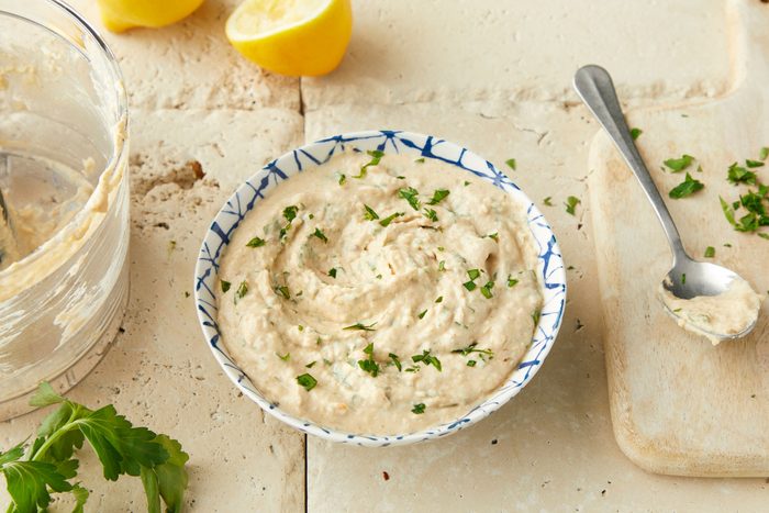 Cannellini Bean Hummus served in a small bowl on a kitchen countertop