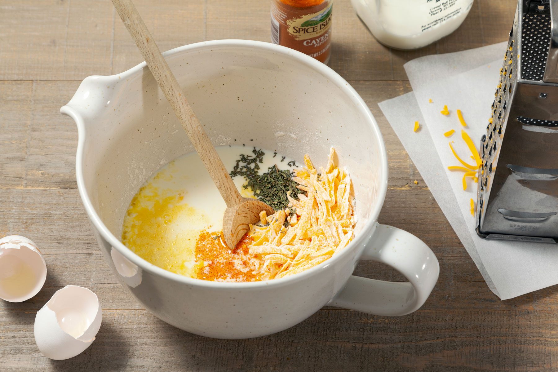 Eggs and milk in a large bowl