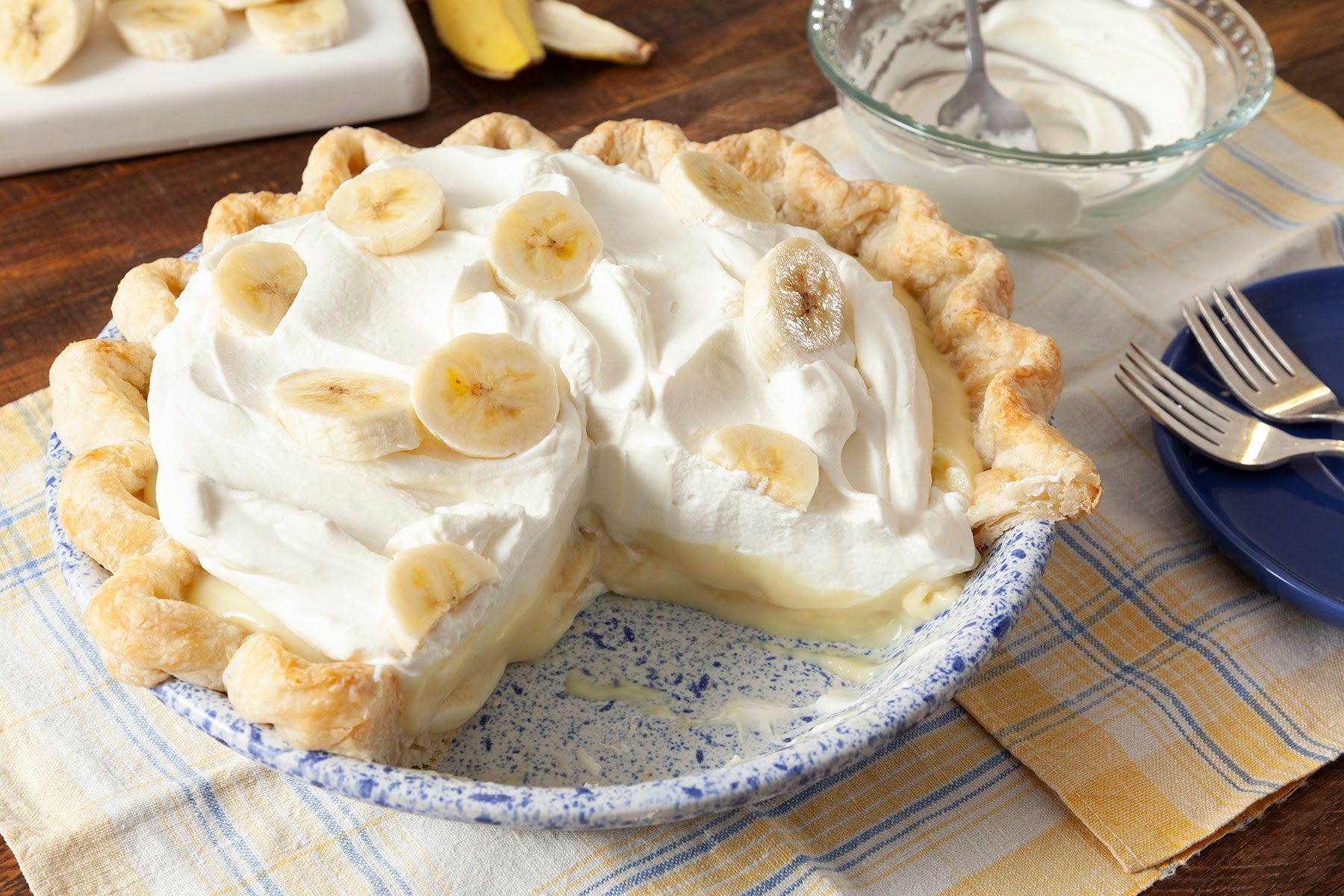 Banana Cream Pie garnished with bananas 