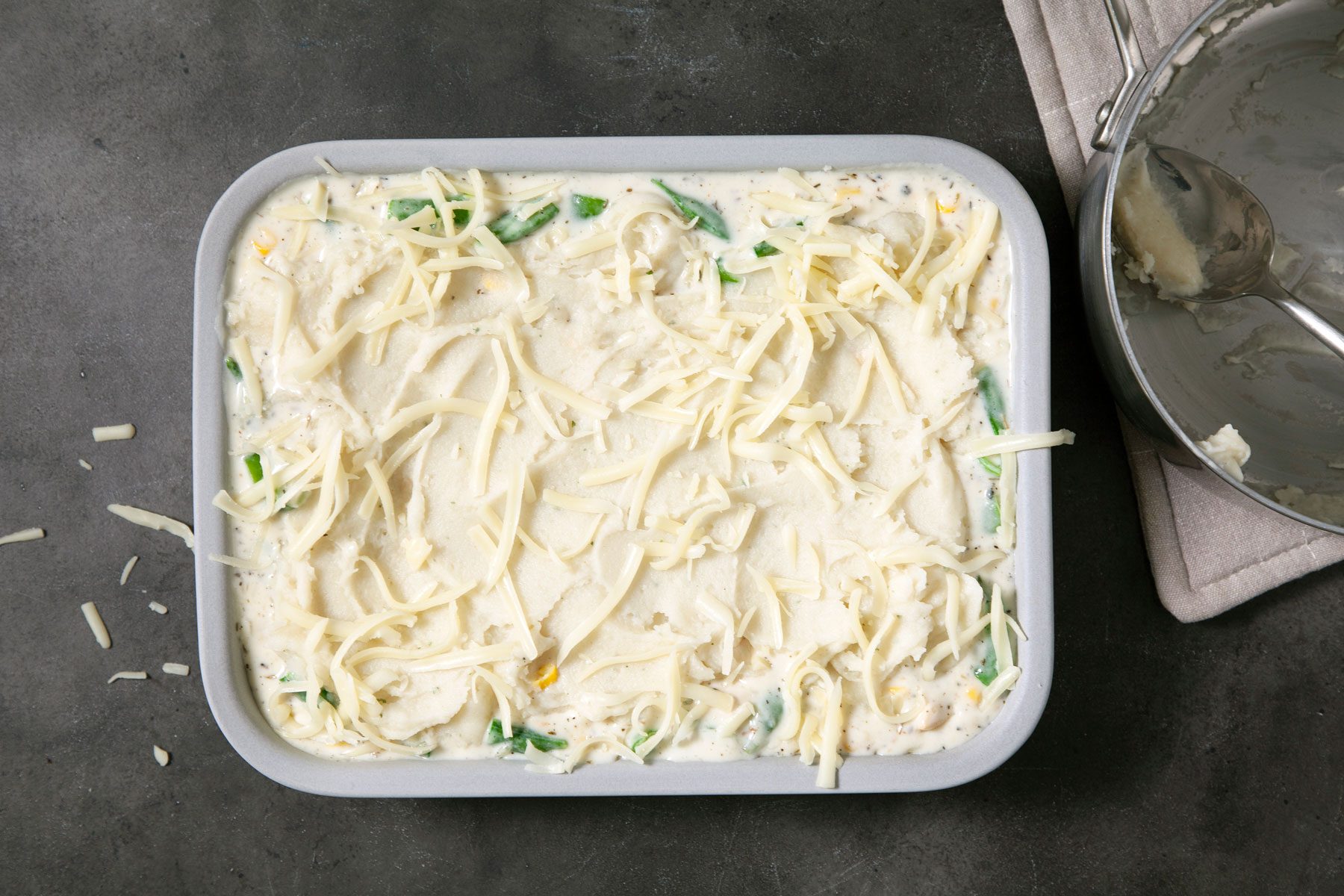 chicken shepherd and cheese in a baking tray