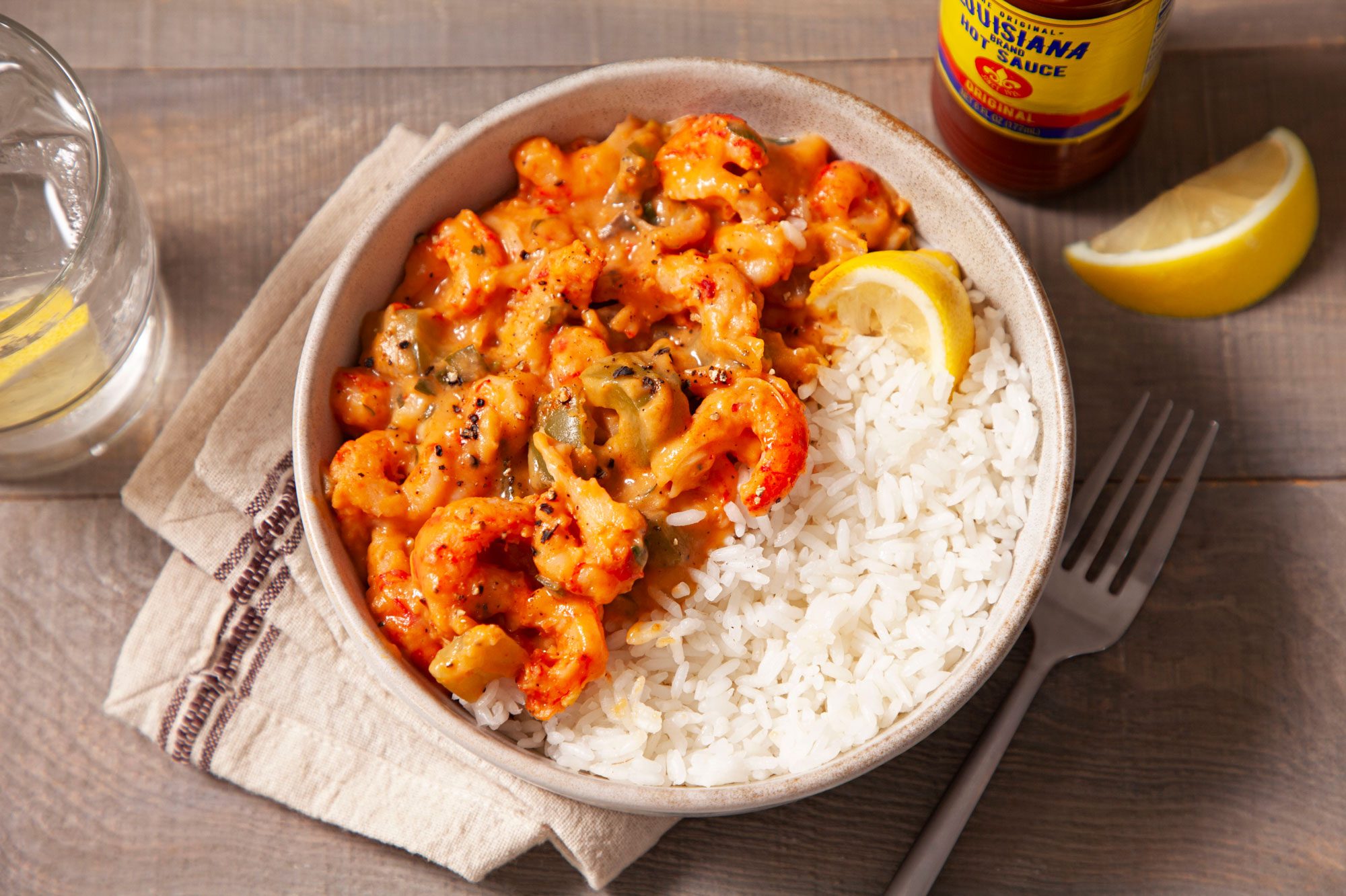 Delicious Crawfish Etouffee served with rice in a bowl