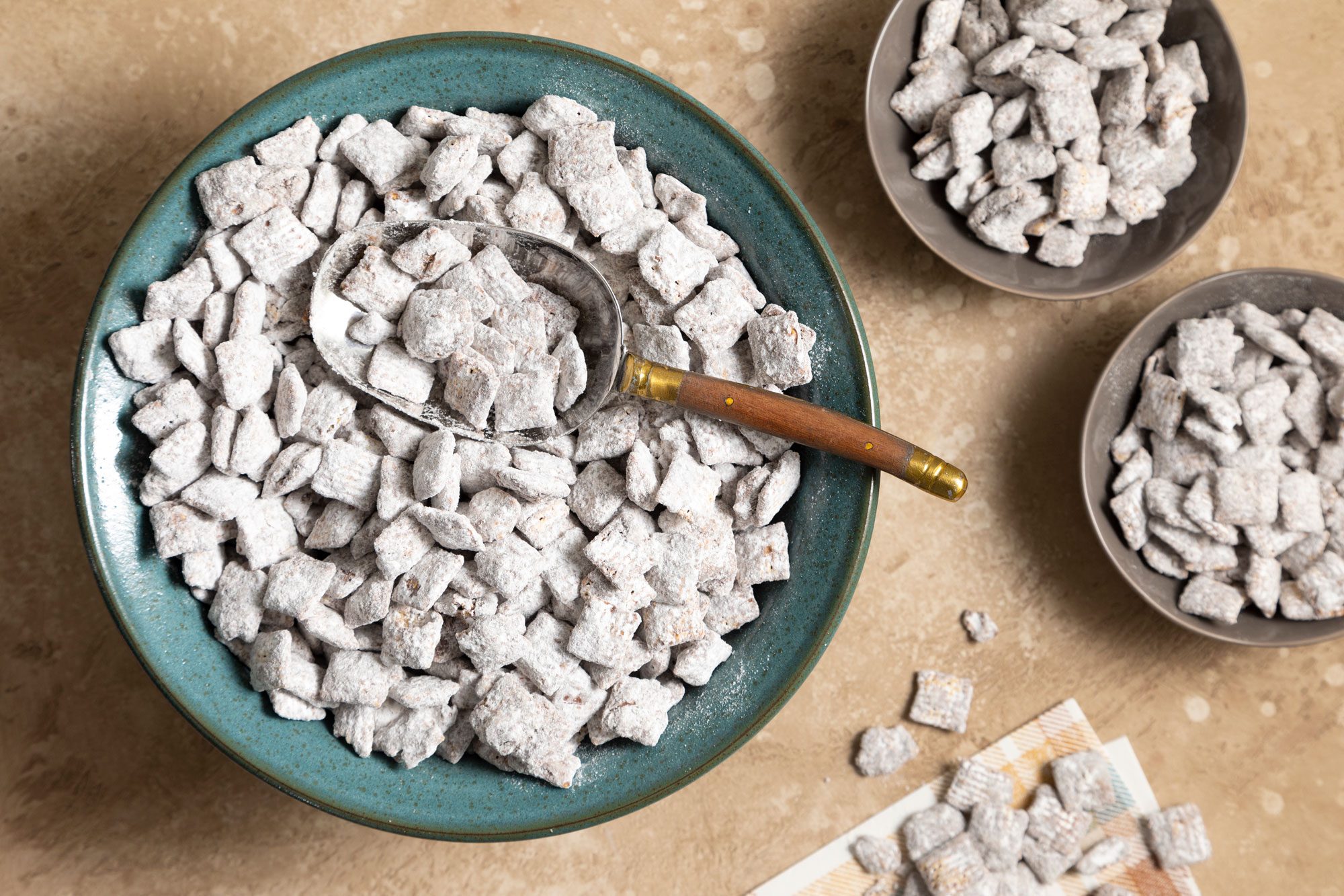 A close-up photo of a bowl filled with Puppy Chow