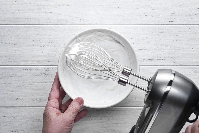 Beaten egg whites in small bowl