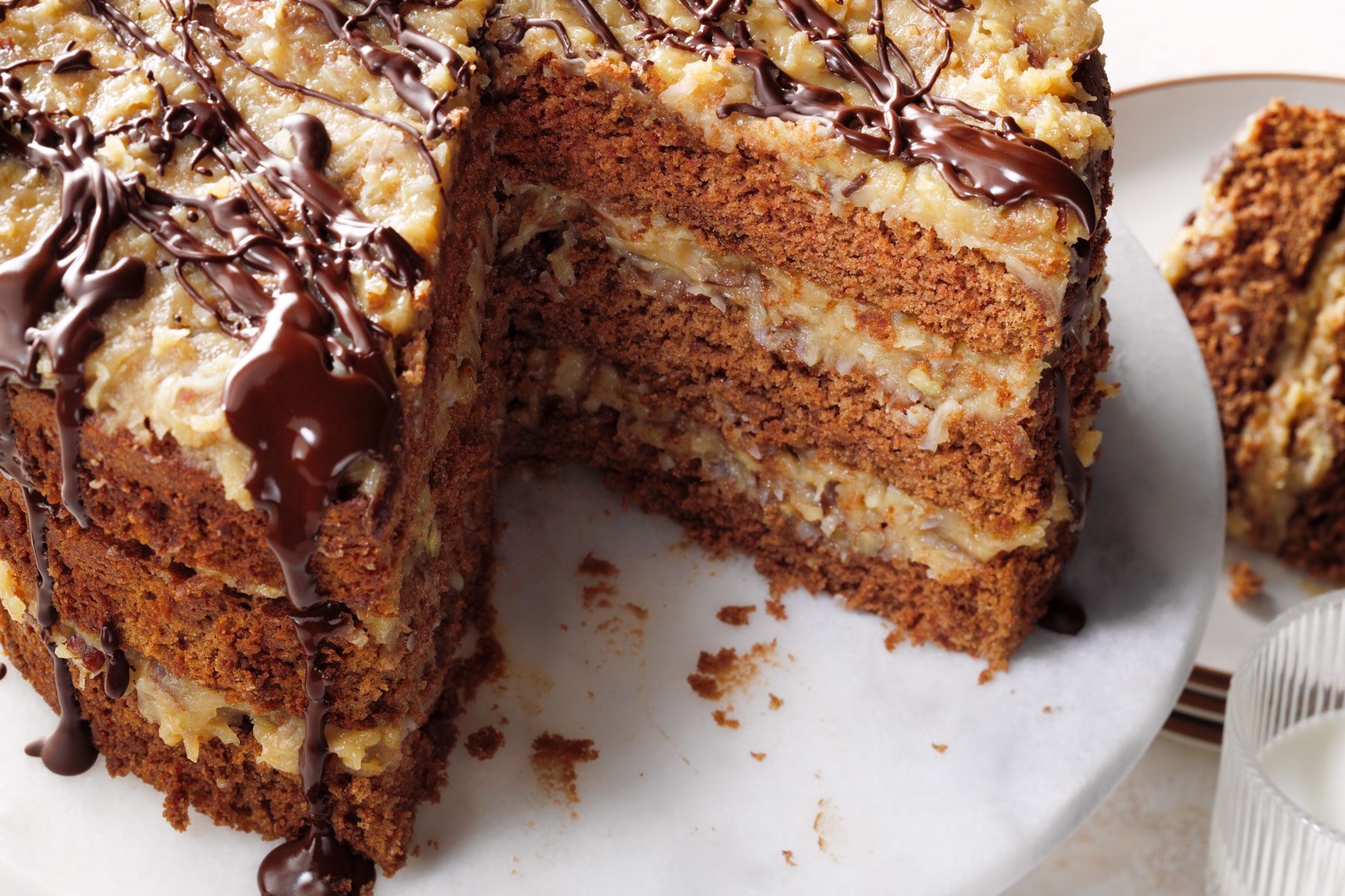 German Chocolate Cake on a white table
