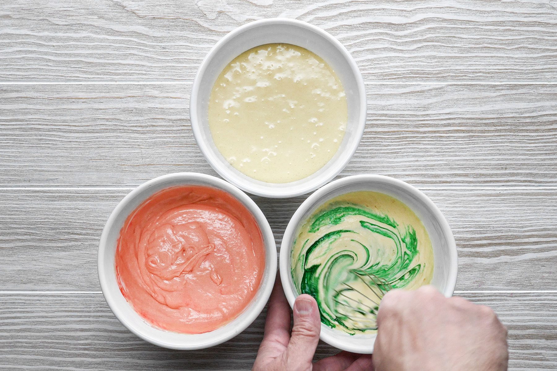 3 Different bowls with 3 different color batter