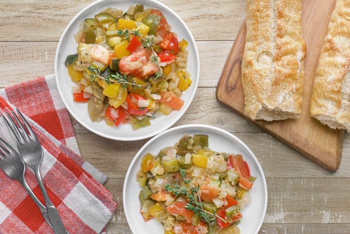 Classic Ratatouille served on two plates with bread