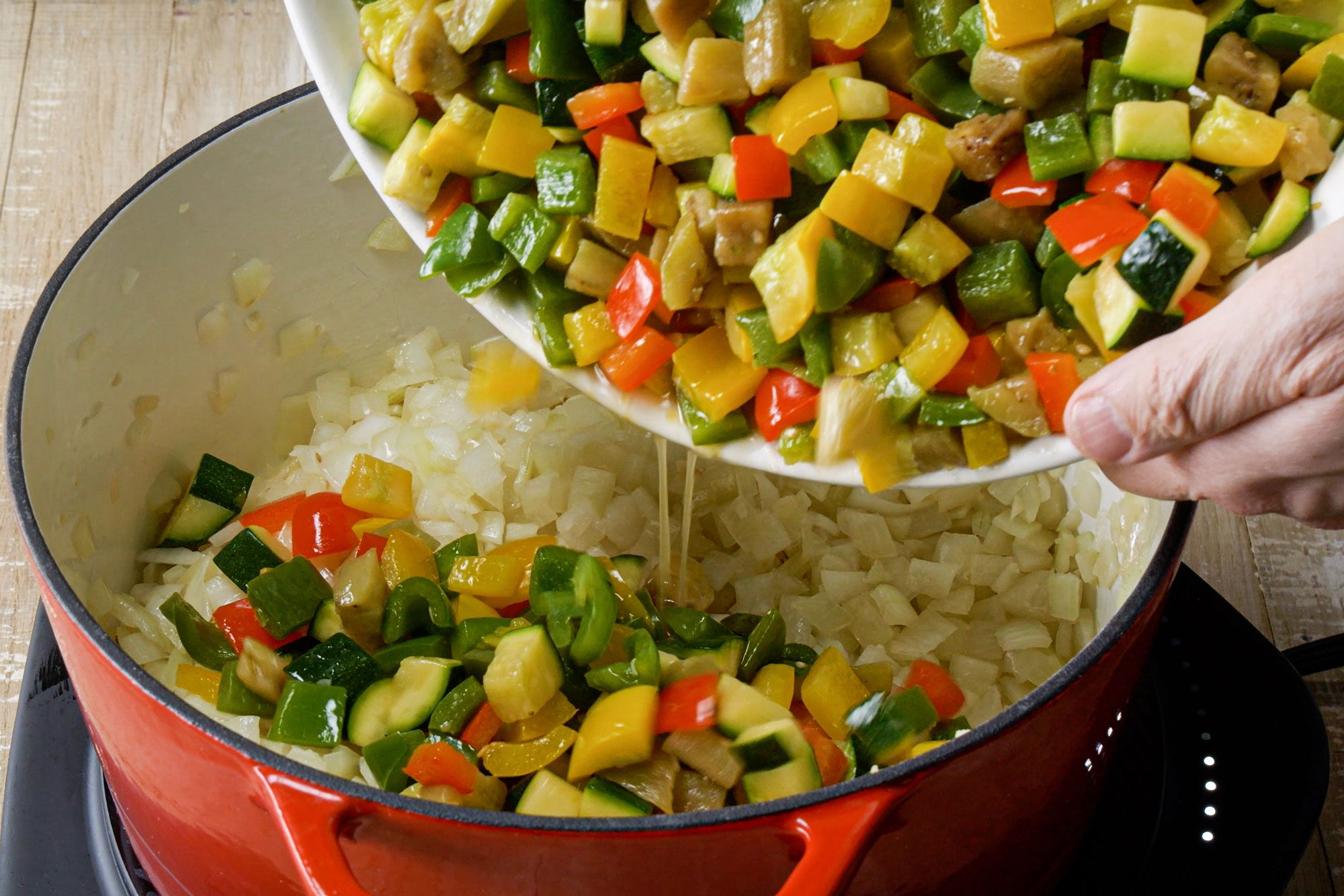 Add the stock, bay leaf, thyme, rosemary, salt and pepper to the Dutch oven