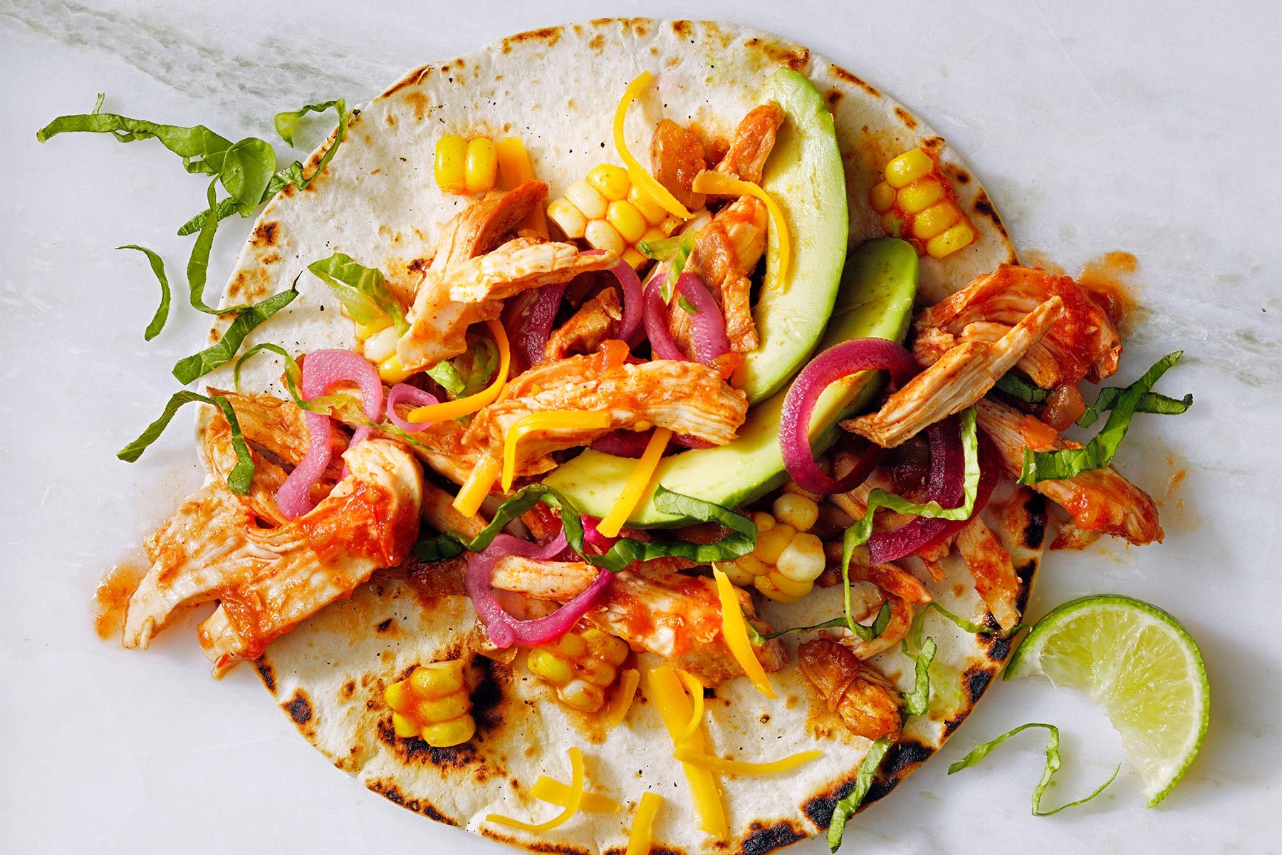 top shot of Slow Cooker Chicken Tacos 