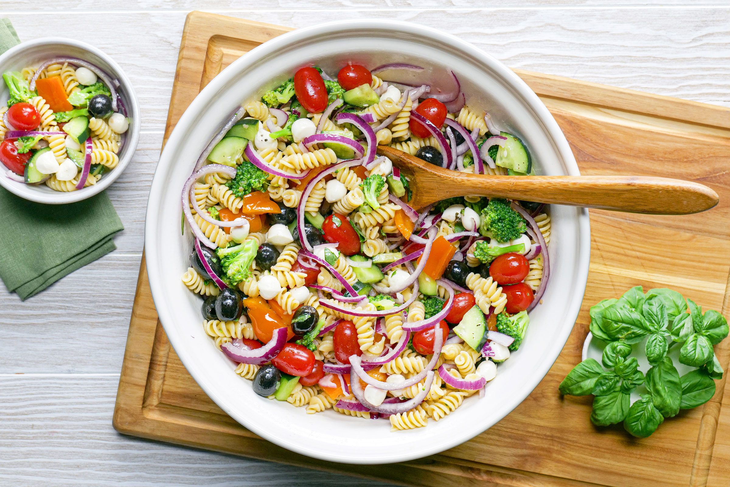 large serving bowl of pasta salad