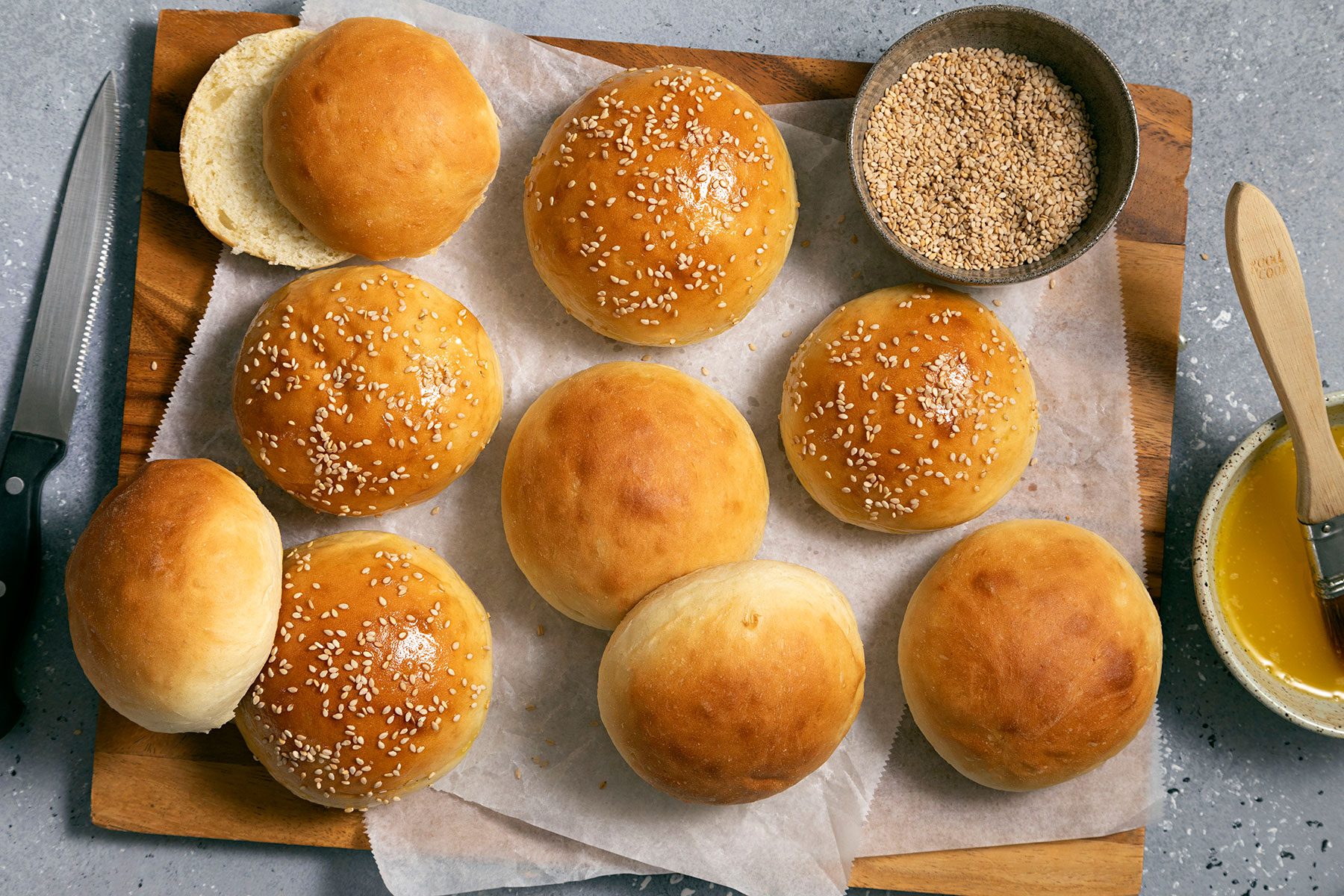 Brushed burger buns with butter