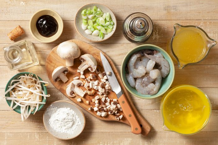 All Ingredients for Shrimp Egg Foo Young on Wooden Surface