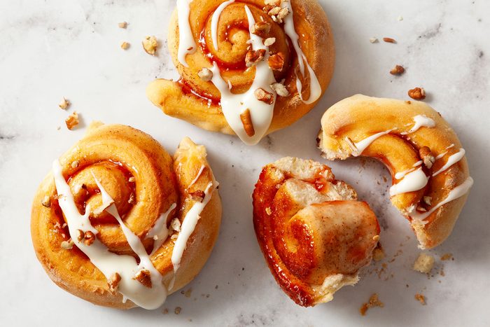 Strawberry Cinnamon Rolls on white surface
