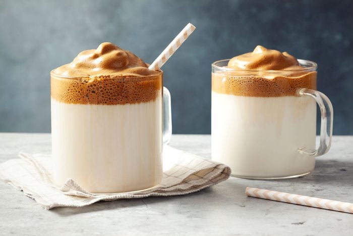 wide shot of dalgona coffee in cups