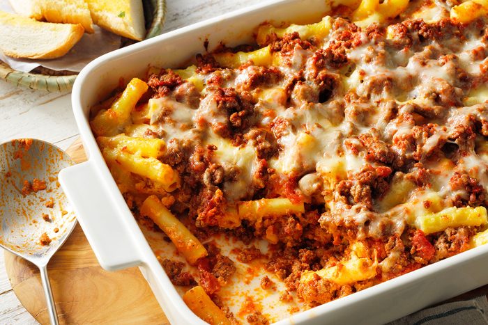 A casserole dish with pasta and meat