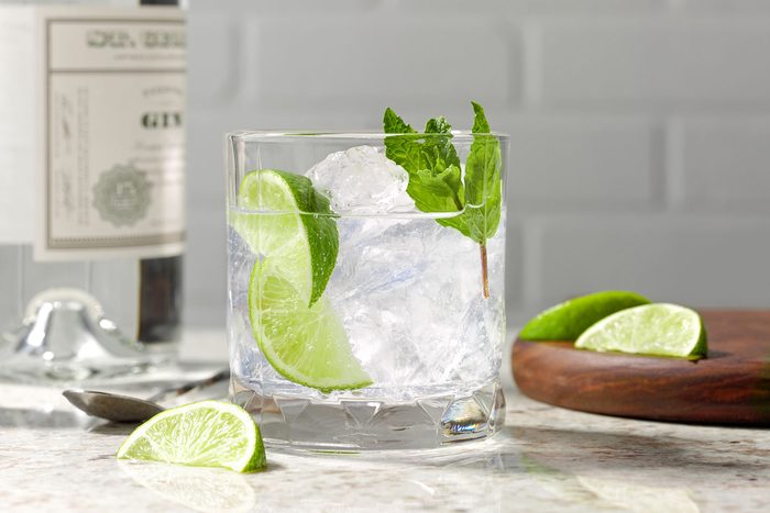 Gin And Tonic served in glass filled with and garnished with mint leaves and lemon wedges