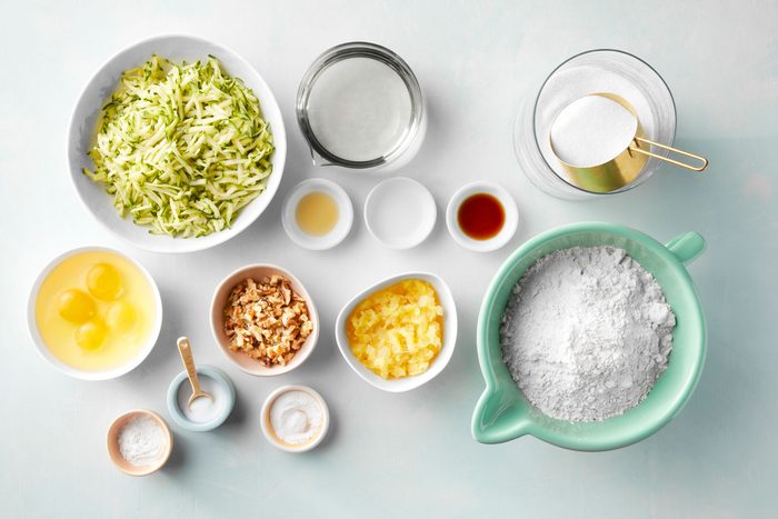 overhead shot of all the ingredients for Pina Colada Zucchini Bread