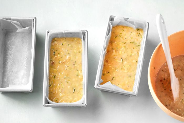 overhead shot of bread mix in loaf pan; ready to bake;