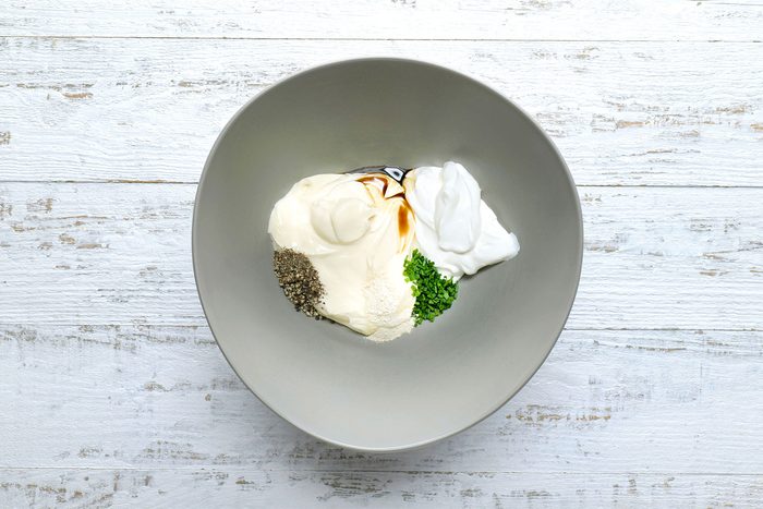 overhead shot of all the ingredients mixed in a bowl