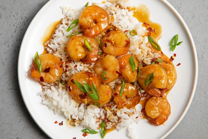 Honey Garlic Shrimp with rice on a plate
