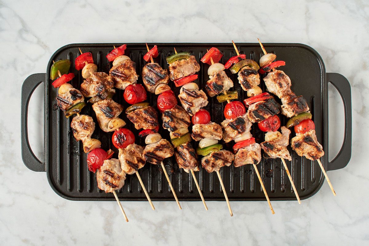 Pork Kabob Skewers on a grill pan