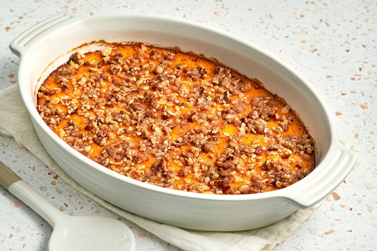 This sweet butternut squash casserole by Taste of Home is the perfect side to pair with savory dishes during a big family feast.