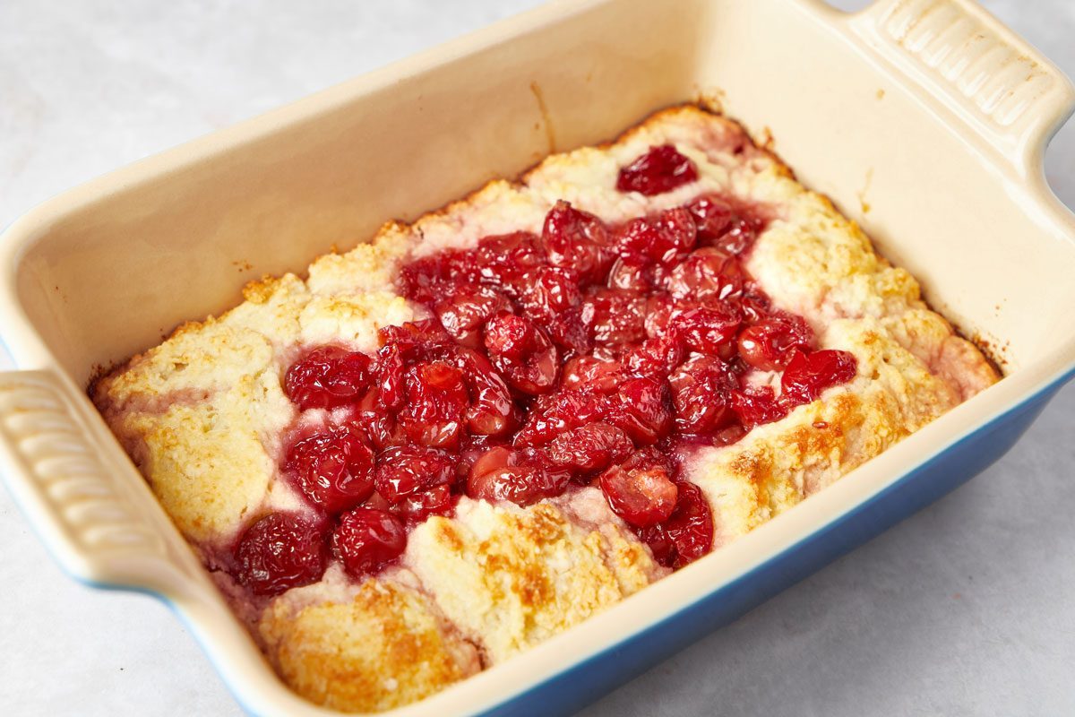 Cherry Cobbler fresh out of the oven in its baking dish