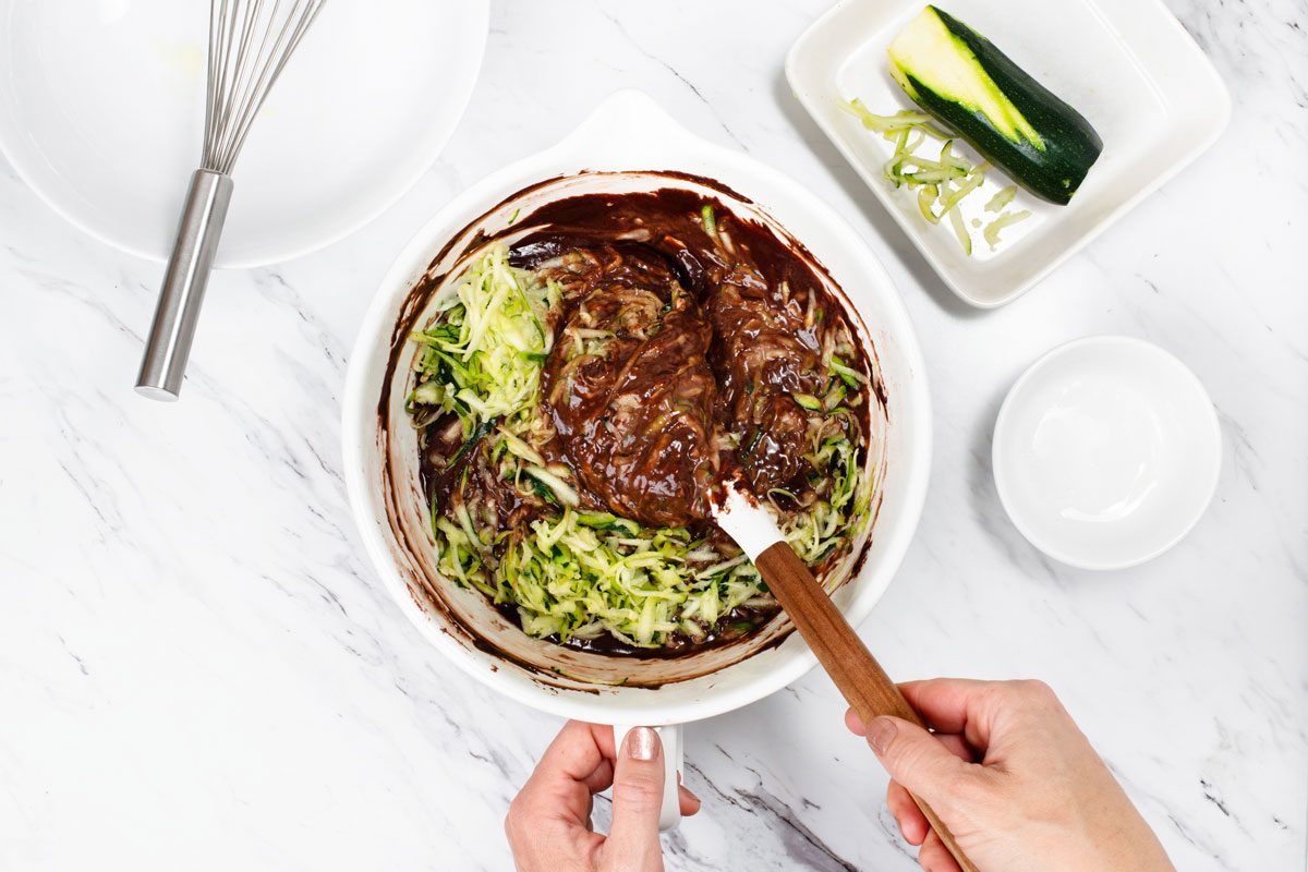 combining zucchini into the batter for Chocolate Zucchini Cake