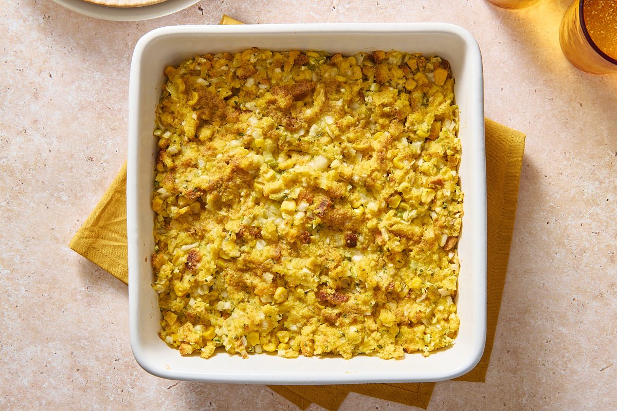 Overhead shot of easy cornbread dressing in a baking dish