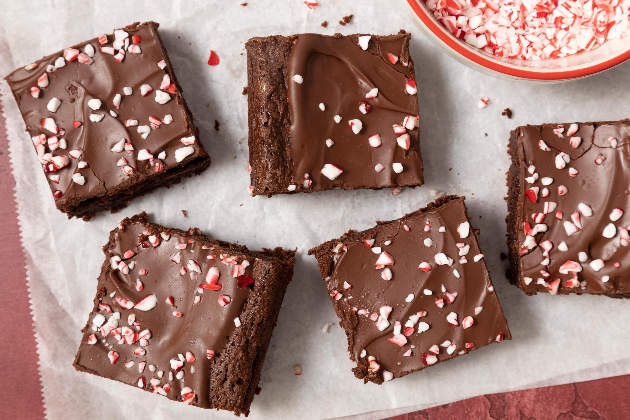 top view of Peppermint Brownie slices with sprinkles