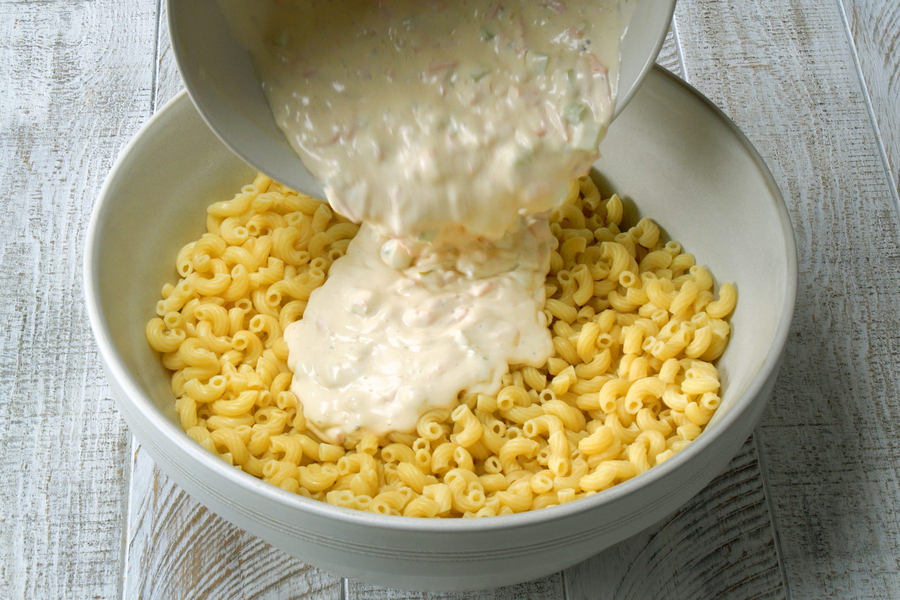 Transfer macaroni to a large serving bowl and add the dressing
