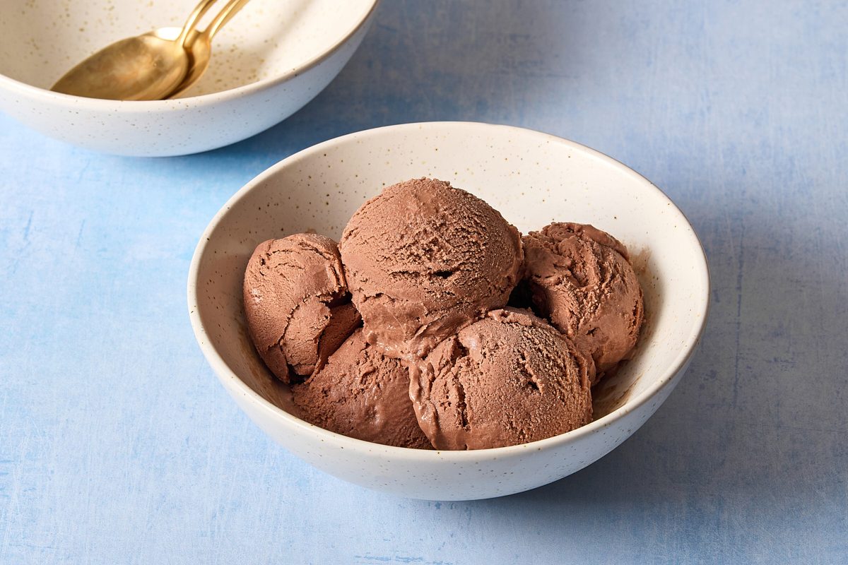 Angled shot of a bowl filled with scoops of mocha ice cream