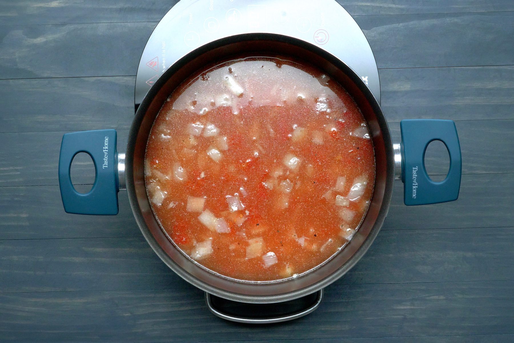 Pasta e Fagioli soup cooking in a large saucepan