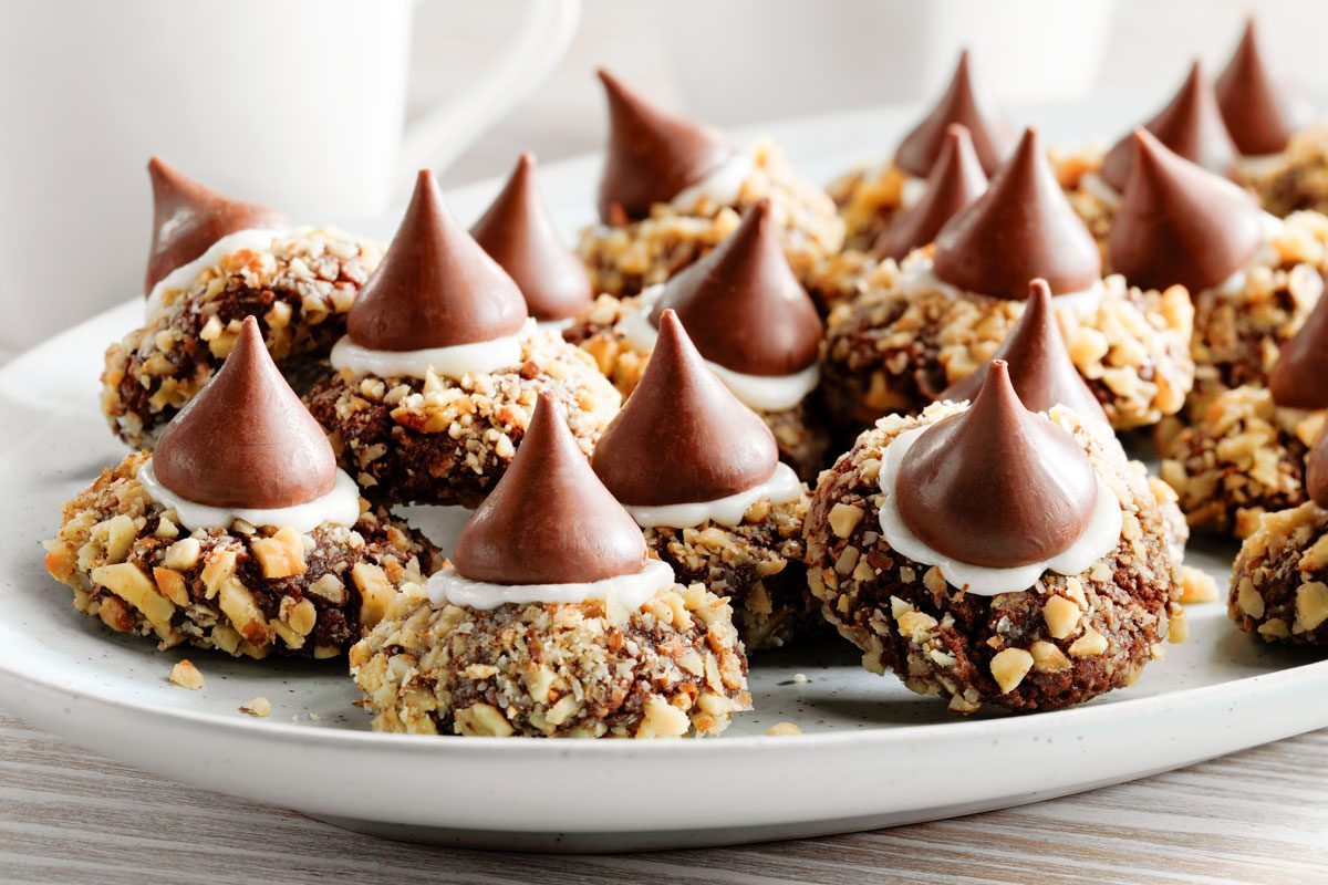 Chocolate Thumbprint Cookies on a white serving plate