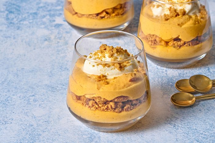 Closeup of pumpkin mousse in a serving glass