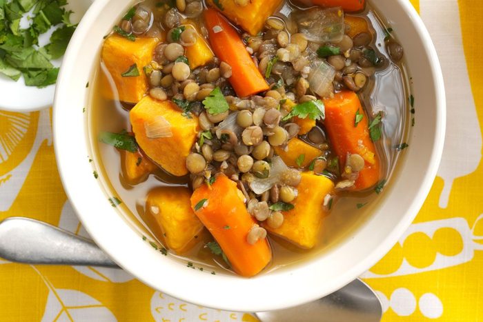 close up of Sweet Potato Lentil Soup in a bowl