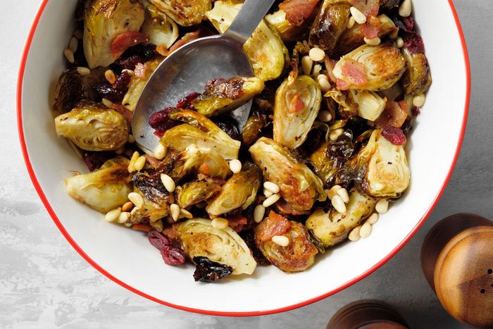 close up of roasted Balsamic Brussels Sprouts With Pancetta in a bowl