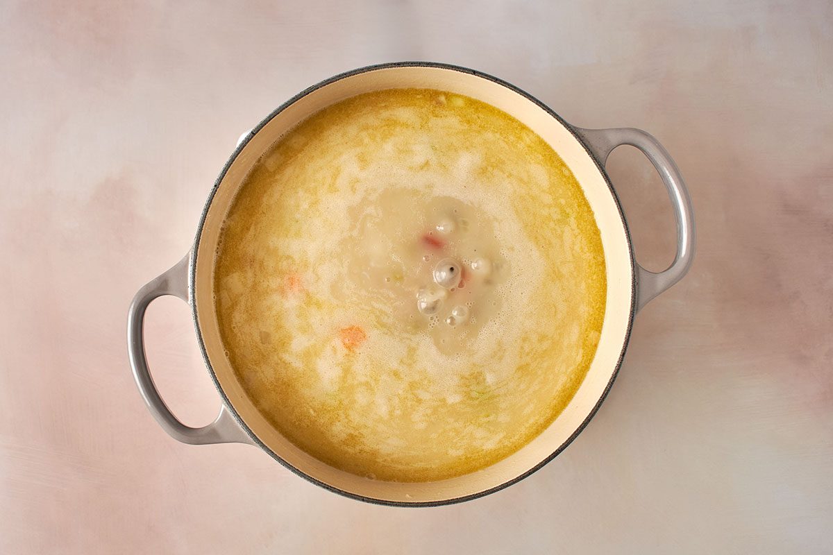 Add flour, broth, and rice