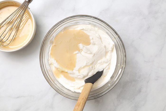 Mix of heavy cream, sweetened condensed milk and vanilla in a bowl for 3 Ingredient Ice Cream