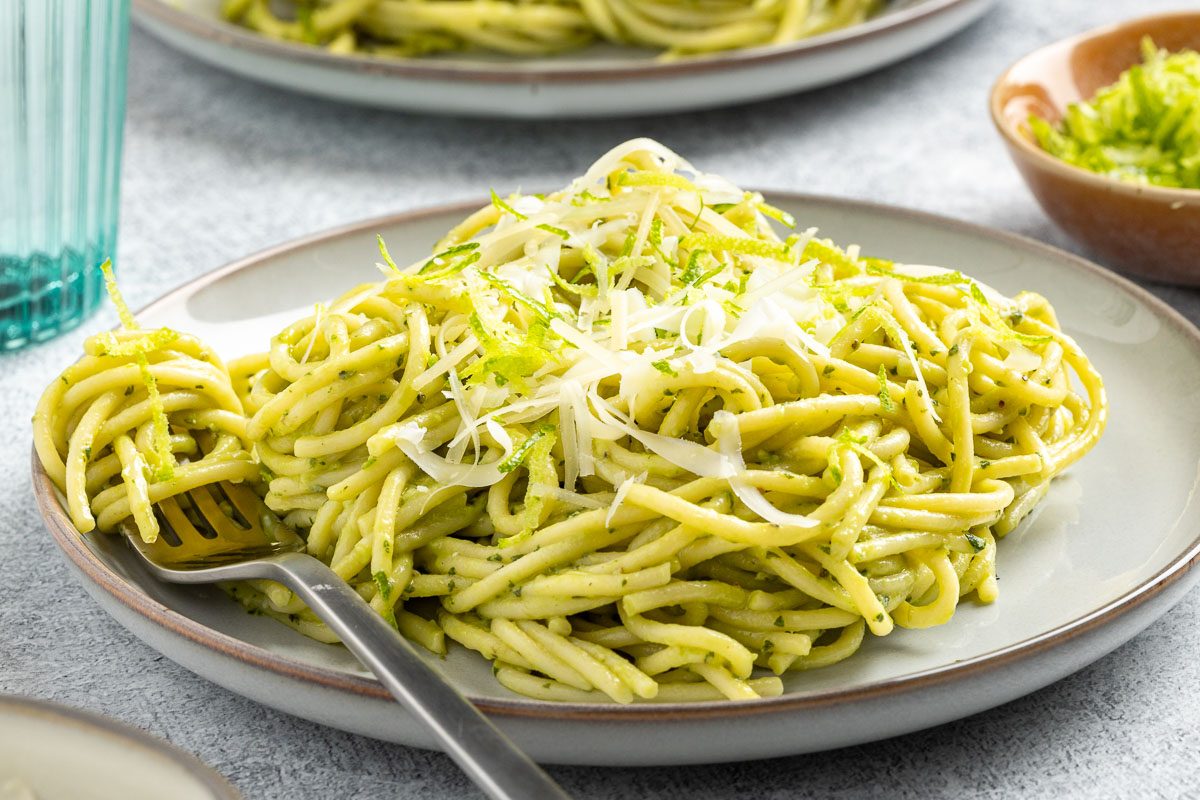 Taste of Home Avocado Pesto recipe photo of the finished recipe served on plates.
