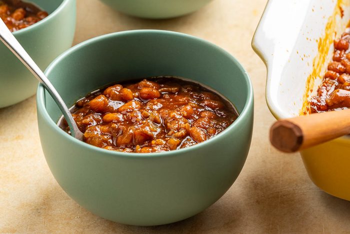 Taste of Home BBQ baked beans recipe photo of the bbq baked beans in a bowl.