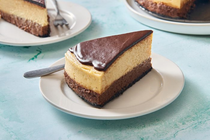 Closeup shot of one slice of Baileys cheesecake on a plate