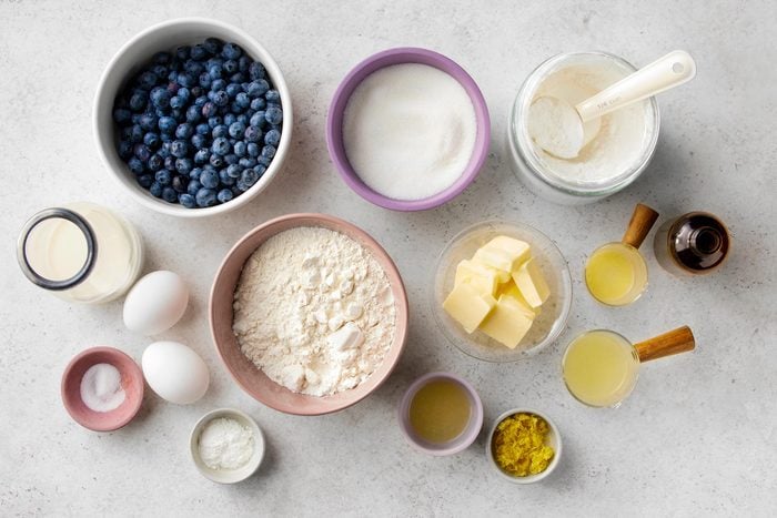 Top view shot of ingredients for Blueberry Lemon Muffins