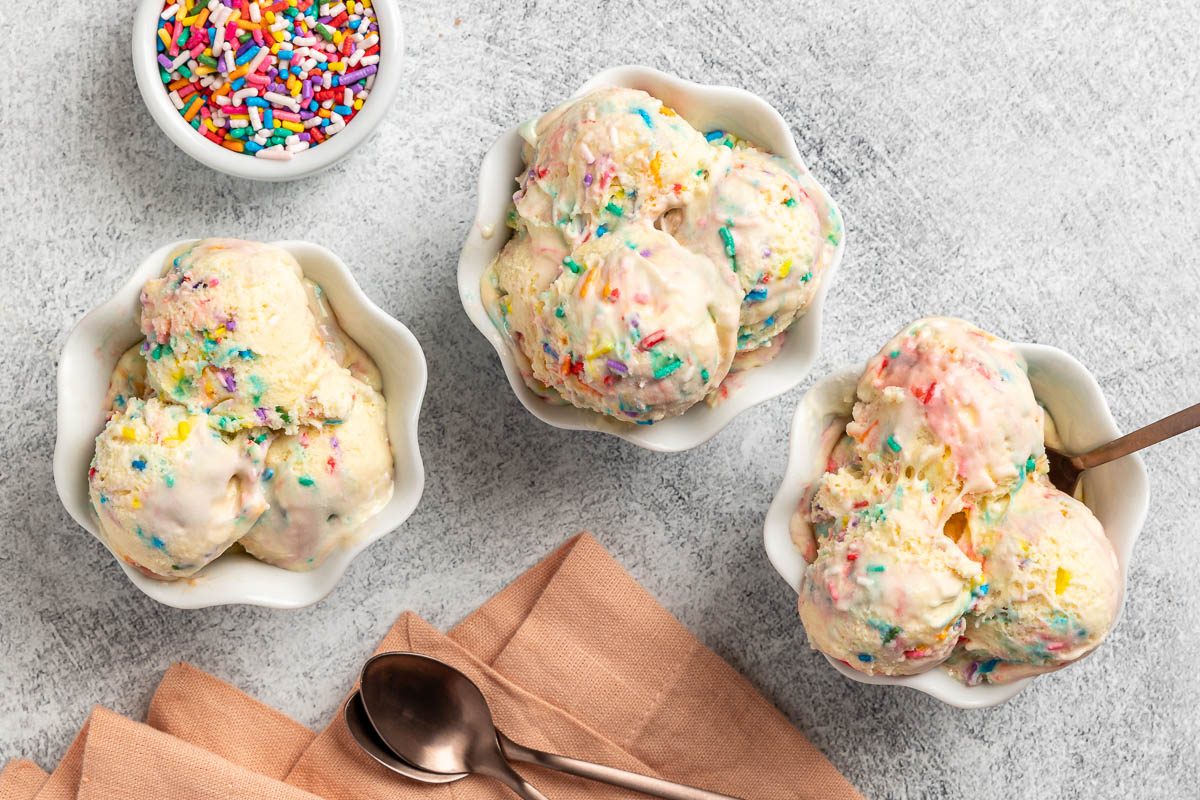 Taste of Home Cake Batter Ice Cream recipe photo of the ice cream scooped into bowls.