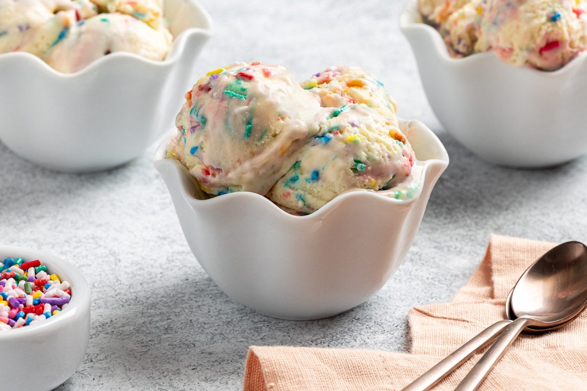 Taste of Home Cake Batter Ice Cream recipe photo of the ice cream scooped into bowls.