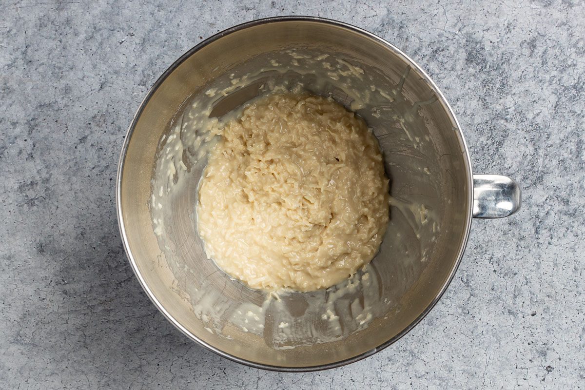 Taste of Home Coconut Macaroons recipe photo of the ingredients mixed and mixing bowl.