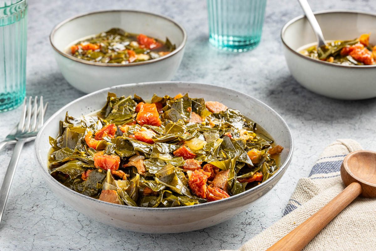 Taste of Home Collared Greens with Bacon recipe photo of the finished recipe served into bowls.
