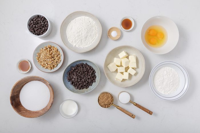 Ingredients for cookie dough brownies on kitchen counter.