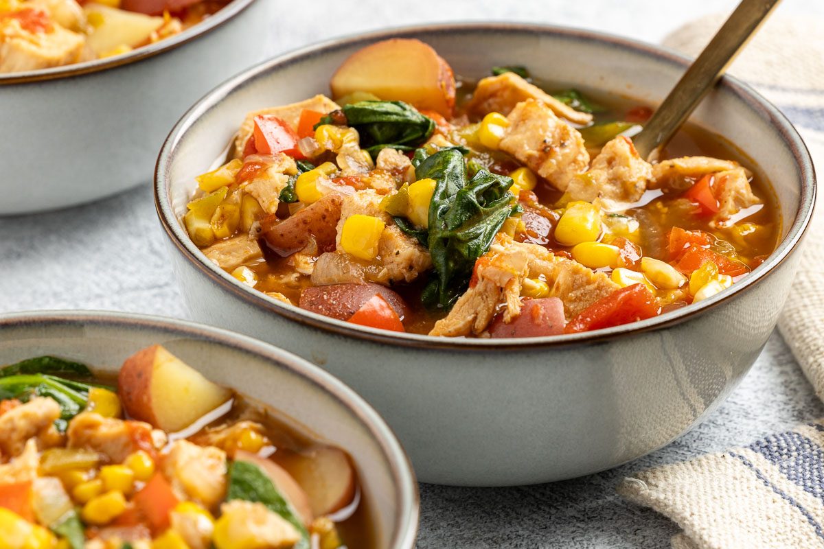 Taste of Home Crockpot Chicken Vegetable Soup recipe photo of the finished recipe served into bowls.