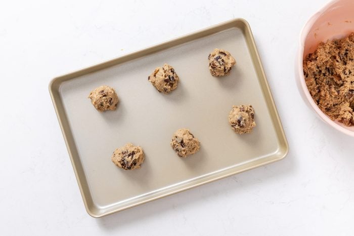 Cookies in baking sheet ready to be baked.