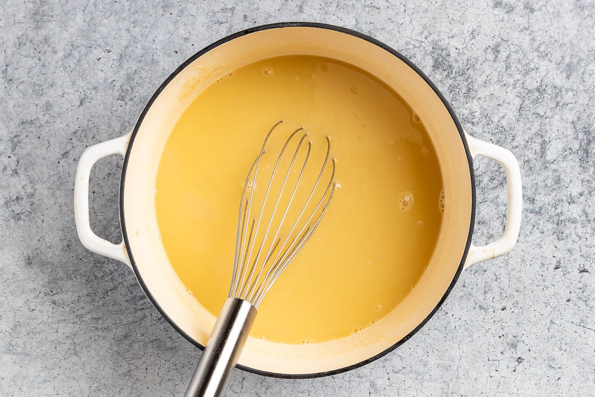 Taste of Home Dill Pickle Soup recipe photo of making the soup base with butter, onion, garlic, flour, white wine and chicken stock.